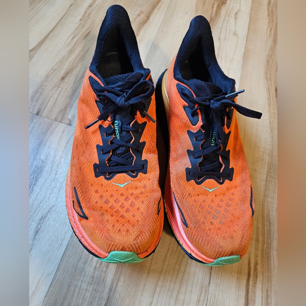 Hoka Men's Orange Green Black Clifton 9 Shoes Size 12D